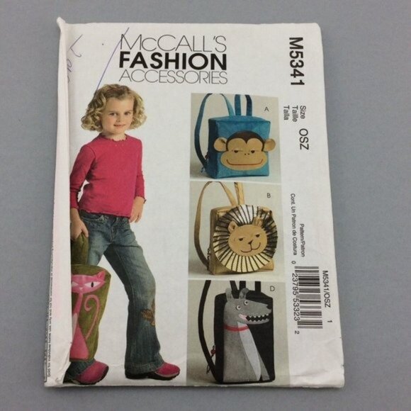 McCalls 5341 Animal Mini Kids Backpacks Pattern Uncut Monkey Lion Dog Kitty Cat - Picture 1 of 15